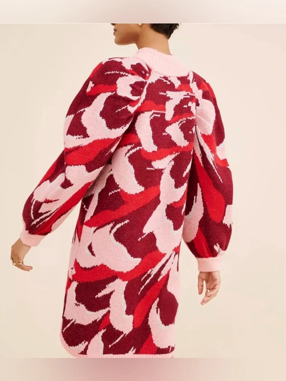 Farm Rio x Nuuly Flower Knit Mini Dress Red Pink Puff Sleeve L EUC $230 - Picture 2 of 8